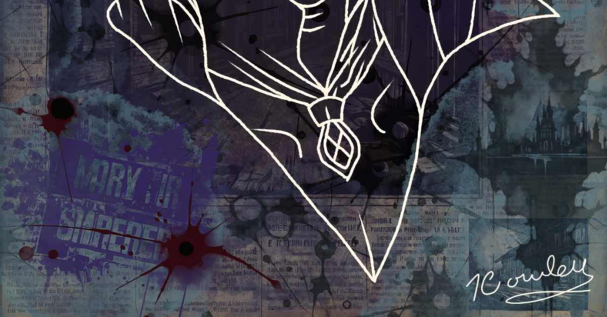 The image displays the lower portion of a stylized line drawing of a vampire, focusing on a high-collared cloak with a neatly tied cravat. The background is a collage of dark, moody elements, including old newspaper clippings, a faint silhouette of a gothic castle, and abstract splotches of red and black ink resembling blood stains. There is a bold, purple stamp-like text partially visible on the left that is not legible. At the bottom right, the signature "T. Cowley" appears in cursive. The overall tone is eerie and unsettling, blending gothic imagery with abstract design elements.