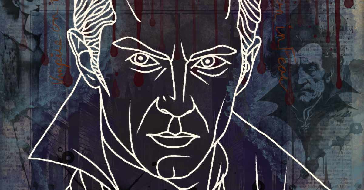The image showcases a stylized, minimalist line drawing of a vampire's face in white against a dark, textured background. The vampire has slicked-back hair, angular features, and a stern expression, with a high-collared cloak framing his face. The background is a mix of muted blues and purples, with faint text, shadowy figures, and red streaks that resemble dripping blood. On the right side, a faint, ghostly portrait of another vampire-like figure emerges from the backdrop, adding to the eerie, gothic atmosphere. The word "vampire" is subtly written in orange script on the left side.