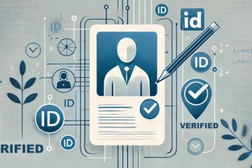 The image is a stylized illustration representing digital identity verification. At the center is a large ID card featuring a generic human silhouette in business attire, with a checkmark symbol to indicate verification. Surrounding the ID card are various interconnected symbols, including "ID" labels, checkmarks, and a pen symbolizing signing or authentication. A "Verified" badge appears prominently in the lower right. There are also small icons representing user profiles, and the word “LinkedIn” is faintly visible in the background. The overall colour scheme is muted blues and greys, giving a tech-focused, professional feel.