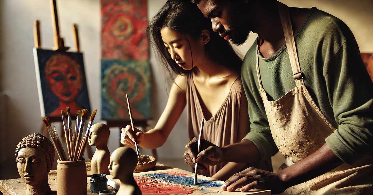 A Black man and an Asian woman are painting together in an art studio, both focused on their work. The man, wearing a green shirt and a stained beige apron, is holding a brush and working on a canvas alongside the woman, who has long dark hair and is wearing a loose brown dress. The table in front of them is cluttered with art supplies, including jars of brushes, small paint containers, and clay busts. In the background, two colorful abstract paintings on easels are visible. Warm lighting enhances the creative atmosphere of the studio.