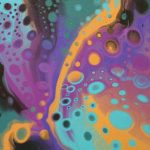 A close-up view of an abstract painting featuring vivid, swirling colors and a bubble-like texture. The artwork has a rich blend of turquoise, purple, orange, and black, with numerous circular and oval shapes scattered throughout, resembling soap bubbles or cells. The shapes vary in size and are layered, creating a sense of depth. The colors transition fluidly from dark to light, with highlights of glowing orange and contrasting teal and purple tones, emphasizing a dynamic and organic pattern.