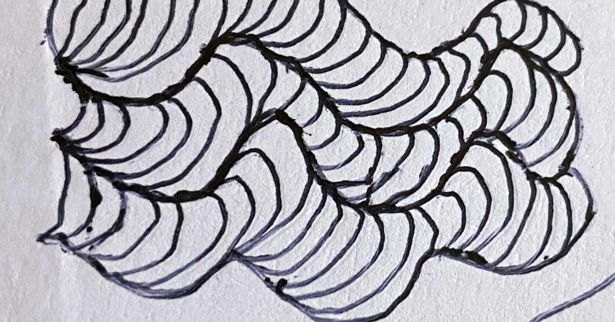 A close-up of a hand-drawn abstract doodle featuring wavy, interconnected lines. The design consists of bold, curved outlines filled with evenly spaced parallel lines, creating a rippled, three-dimensional effect. The black ink contrasts against the white paper, emphasizing the flowing, organic pattern.