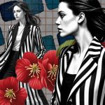 A digital collage-style artwork features two women wearing black and white vertically striped blazers. One woman is in the foreground, shown in profile with slicked-back hair, while the other is in the background with loose, windswept hair and a long flowing coat. The composition includes bold red flowers with yellow centers layered over the figures. The background consists of a geometric grid pattern with blue and teal squares, creating a textured and dynamic visual effect. The image is primarily in black and white, except for the flowers and background elements, emphasizing contrast and depth.