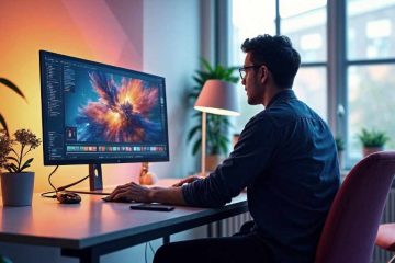 A man wearing glasses and a dark-colored shirt sits at a modern desk, working on a large computer monitor displaying a digital artwork of an explosion in space. The room has a warm, ambient glow from a desk lamp and indirect lighting on the walls. The workspace is neatly arranged with potted plants, a smartphone, a mouse, and a keyboard. A large window in the background lets in natural light, showing an outdoor view. The man appears focused as he interacts with the digital design software on his screen.
