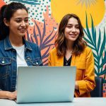 Two young women are sitting at a table, smiling while looking at a laptop screen. One woman is wearing a denim jacket over a white shirt, while the other is dressed in a mustard yellow blazer over a black top. The background features a vibrant, colorful wall with an abstract tropical design, including large leaves, circles, and dotted patterns in shades of orange, blue, and yellow. A glass with pencils and a small potted plant are on the table.