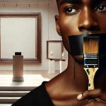 A close-up image of a black man holding a paintbrush against his lips. The brush is coated in black paint, behind which is a piece of black tape covering his mouth, giving the impression that he is being silenced. The background depicts an art gallery with empty picture frames on the walls and classical bust sculptures on pedestals. A large, ornate frame is prominently displayed in the center, also empty. The image combines realism with artistic symbolism, conveying themes of censorship, self-expression, or the absence of voice.