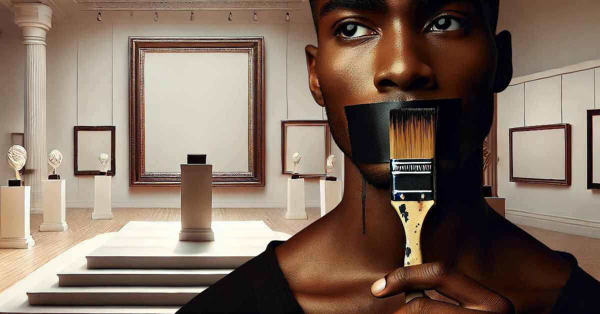 A close-up image of a black man holding a paintbrush against his lips. The brush is coated in black paint, behind which is a piece of black tape covering his mouth, giving the impression that he is being silenced. The background depicts an art gallery with empty picture frames on the walls and classical bust sculptures on pedestals. A large, ornate frame is prominently displayed in the center, also empty. The image combines realism with artistic symbolism, conveying themes of censorship, self-expression, or the absence of voice.