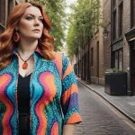 A woman with long, wavy red hair stands in a narrow, cobblestone-paved street lined with brick and wooden buildings. She has a confident expression and is wearing a colourful, patterned open-front shirt with swirling designs in shades of blue, orange, and pink over a black outfit. She accessorizes with large orange hoop earrings and a matching pendant necklace. Trees line the street in the background, and modern black planters with greenery are placed along the sidewalk. The street has an urban yet quaint atmosphere, with a mix of old and contemporary architectural elements.