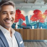A modern office reception area with a smiling man in a suit in the foreground. The reception desk is made of wood and has a minimalist design with decorative vases and a laptop on top. Behind the desk, a large mural features a vibrant landscape with red trees, blue hills, and a city skyline in the background. The space is well-lit with natural light streaming in through floor-to-ceiling windows on the right, showing a view of the outside. The interior has wooden flooring, potted plants, and a mix of wood and glass elements, creating a sleek and welcoming atmosphere.