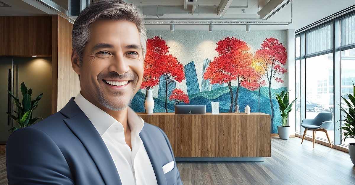A modern office reception area with a smiling man in a suit in the foreground. The reception desk is made of wood and has a minimalist design with decorative vases and a laptop on top. Behind the desk, a large mural features a vibrant landscape with red trees, blue hills, and a city skyline in the background. The space is well-lit with natural light streaming in through floor-to-ceiling windows on the right, showing a view of the outside. The interior has wooden flooring, potted plants, and a mix of wood and glass elements, creating a sleek and welcoming atmosphere.