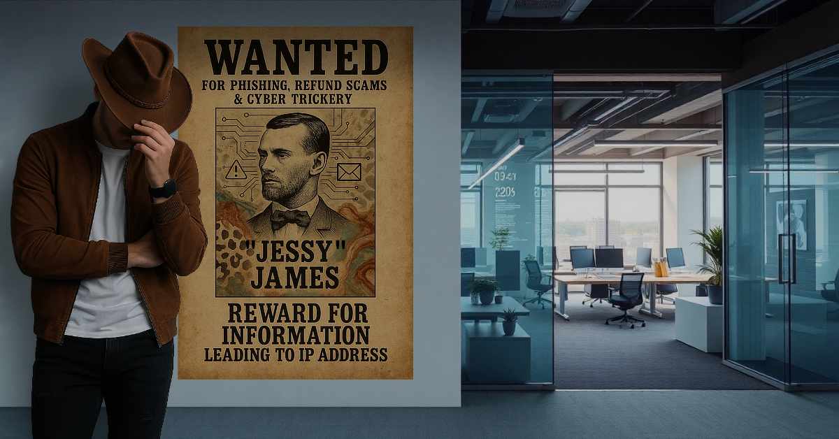 A man in a cowboy hat and brown jacket stands against a wall in a modern office, partly covering his face with his hand and hat. Beside him is a large, vintage-style "WANTED" poster featuring a black-and-white illustration of a man in a bow tie. The poster reads: "WANTED for phishing, refund scams & cyber trickery. 'Jessy' James. Reward for information leading to IP address." The office in the background has glass walls, desks, office chairs, and computer monitors.