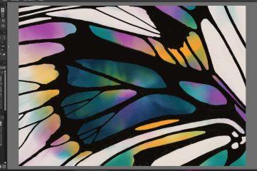 The image shows a workspace in digital art software. The artwork in progress is an abstract close-up of a butterfly wing with thick black outlines dividing various sections. These sections are filled with vibrant, watercolour-like gradients in shades of teal, blue, purple, orange, yellow, and pink. The interface displays a variety of tools and settings on both sides of the screen, including brush types, colour palettes, layer controls, and opacity sliders. The left panel focuses on drawing and painting tools, while the right panel includes layer management and colour selection.