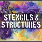 A digital painting application interface is shown, featuring a colourful abstract background with fluid, marbled patterns in purple, yellow, blue, and green hues. In the center, bold white stencil-style text reads "STENCILS & STRUCTURES" over a semi-transparent dark rectangle. The application displays tool panels on both sides, including brush settings, watercolour brush options, colour palettes, and layer controls.
