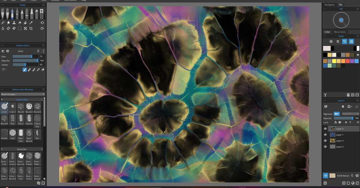A digital painting software interface is shown with an abstract artwork open in the canvas area. The artwork features large, dark organic shapes resembling cracked or dried flower petals, radiating from circular centers. These shapes are surrounded by vibrant, marbled colors including teal, purple, yellow, and blue, with fine vein-like lines tracing through the composition. The interface displays watercolour tools and brush options on the left, and colour palettes and layer controls on the right.