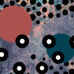 Abstract digital artwork featuring a textured background in shades of teal, peach, lavender, and gray. Overlaying this background are numerous black dots of varying sizes, some with white centres. Two large solid-coloured circles dominate the center—one in deep blushing peach on the left and one in dark teal on the right. The composition has a layered, textured appearance with a dynamic arrangement of circular elements.
