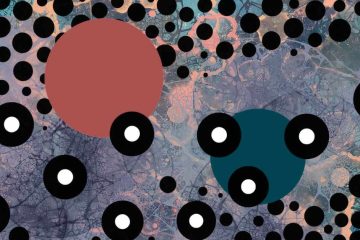 Abstract digital artwork featuring a textured background in shades of teal, peach, lavender, and gray. Overlaying this background are numerous black dots of varying sizes, some with white centres. Two large solid-coloured circles dominate the center—one in deep blushing peach on the left and one in dark teal on the right. The composition has a layered, textured appearance with a dynamic arrangement of circular elements.