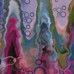Abstract digital artwork featuring vertical, fluid-like streaks in vibrant colors such as magenta, green, blue, and peach. The streaks blend and flow together with a marbled effect, creating a sense of movement. Overlaying the background are numerous translucent and opaque circles in varying sizes, mostly in shades of blue and purple, resembling bubbles or droplets. The overall composition is dynamic and layered, with a mix of soft gradients and sharp contrasts.