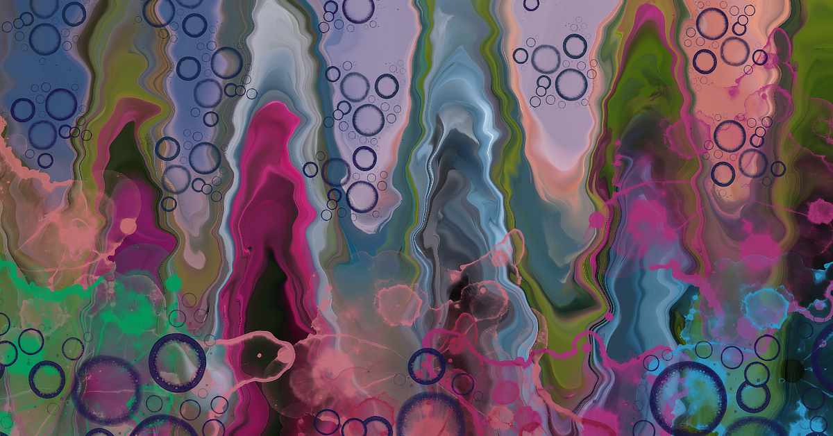 Abstract digital artwork featuring vertical, fluid-like streaks in vibrant colors such as magenta, green, blue, and peach. The streaks blend and flow together with a marbled effect, creating a sense of movement. Overlaying the background are numerous translucent and opaque circles in varying sizes, mostly in shades of blue and purple, resembling bubbles or droplets. The overall composition is dynamic and layered, with a mix of soft gradients and sharp contrasts.