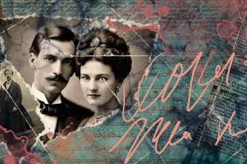 The image is a collage combining vintage elements. At the center is a sepia-toned, torn photograph of a man and woman in formal attire from the early 20th century. The man has a mustache and wears a bow tie, while the woman has her hair styled up with decorative hairpins and earrings. To the left, there is a smaller photograph of the same man standing in a long coat. The background is layered with old handwritten text, newspaper clippings, and teal and reddish watercolor-like stains. Over the collage, large cursive script is written in pale pink.