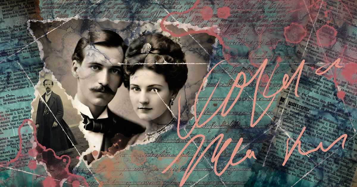 The image is a collage combining vintage elements. At the center is a sepia-toned, torn photograph of a man and woman in formal attire from the early 20th century. The man has a mustache and wears a bow tie, while the woman has her hair styled up with decorative hairpins and earrings. To the left, there is a smaller photograph of the same man standing in a long coat. The background is layered with old handwritten text, newspaper clippings, and teal and reddish watercolor-like stains. Over the collage, large cursive script is written in pale pink.