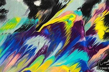 Abstract painting with vivid, fluid streaks of color blending across the paper. Prominent hues include bright yellow, turquoise, cobalt blue, peach, and purple, interspersed with black and white. The colors appear to be dragged or poured, creating feathered, wave-like textures. The upper corners feature heavier black and grey areas, adding contrast. In the bottom right corner, the artwork is signed “T Cowley” with the caption “Art & Design by Teresa Cowley.”