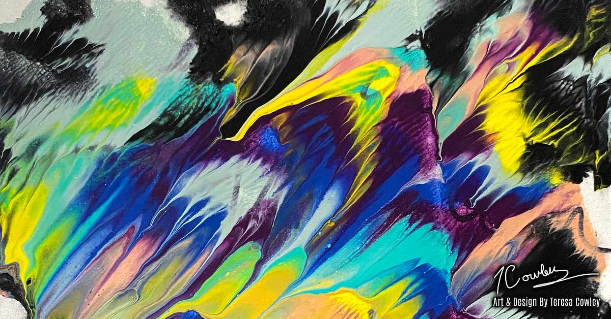 Abstract painting with vivid, fluid streaks of color blending across the paper. Prominent hues include bright yellow, turquoise, cobalt blue, peach, and purple, interspersed with black and white. The colors appear to be dragged or poured, creating feathered, wave-like textures. The upper corners feature heavier black and grey areas, adding contrast. In the bottom right corner, the artwork is signed “T Cowley” with the caption “Art & Design by Teresa Cowley.”