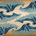 A stylized pattern of ocean waves in varying shades of blue set against a beige background. The waves are illustrated with curved, flowing lines and symmetrical shapes, creating a rhythmic, repeating design. Some of the wave crests resemble abstract bird or fish heads, adding a whimsical touch to the composition. The overall aesthetic is reminiscent of traditional Japanese wave art with a modern, graphic twist.