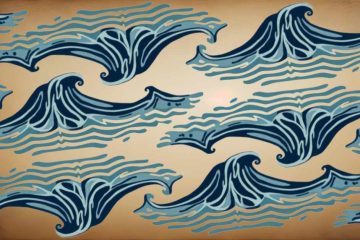 A stylized pattern of ocean waves in varying shades of blue set against a beige background. The waves are illustrated with curved, flowing lines and symmetrical shapes, creating a rhythmic, repeating design. Some of the wave crests resemble abstract bird or fish heads, adding a whimsical touch to the composition. The overall aesthetic is reminiscent of traditional Japanese wave art with a modern, graphic twist.