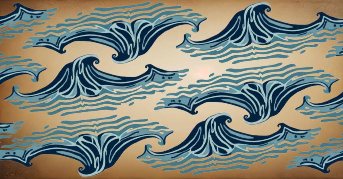 A stylized pattern of ocean waves in varying shades of blue set against a beige background. The waves are illustrated with curved, flowing lines and symmetrical shapes, creating a rhythmic, repeating design. Some of the wave crests resemble abstract bird or fish heads, adding a whimsical touch to the composition. The overall aesthetic is reminiscent of traditional Japanese wave art with a modern, graphic twist.