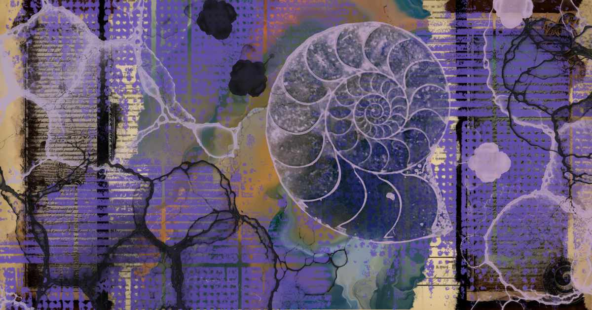 A digital abstract artwork featuring a large ammonite fossil at the center, depicted with detailed spiral segments in shades of gray and white. The background is a layered composition of deep purples, blues, and yellows with a grid-like pattern of dots and vertical lines. Organic, vein-like black and white textures spread across the image, intersecting with ink-like blotches and translucent stains.