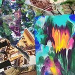 A mixed media collage featuring a variety of textures and elements, including torn magazine pages, abstract acrylic paint, and photographic images. Prominent in the center is a vibrant painting with blended colors such as turquoise, purple, yellow, orange, and white, resembling melted or swirled paint. Surrounding it are fragments of text, including a large black serif word “Epic” on a white background, architectural photography showing balconies, and layers of paint in greens, blues, purples, and metallic hues. The composition is chaotic and colorful, emphasizing creativity and visual contrast.