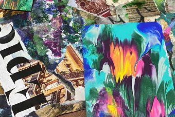 A mixed media collage featuring a variety of textures and elements, including torn magazine pages, abstract acrylic paint, and photographic images. Prominent in the center is a vibrant painting with blended colors such as turquoise, purple, yellow, orange, and white, resembling melted or swirled paint. Surrounding it are fragments of text, including a large black serif word “Epic” on a white background, architectural photography showing balconies, and layers of paint in greens, blues, purples, and metallic hues. The composition is chaotic and colorful, emphasizing creativity and visual contrast.