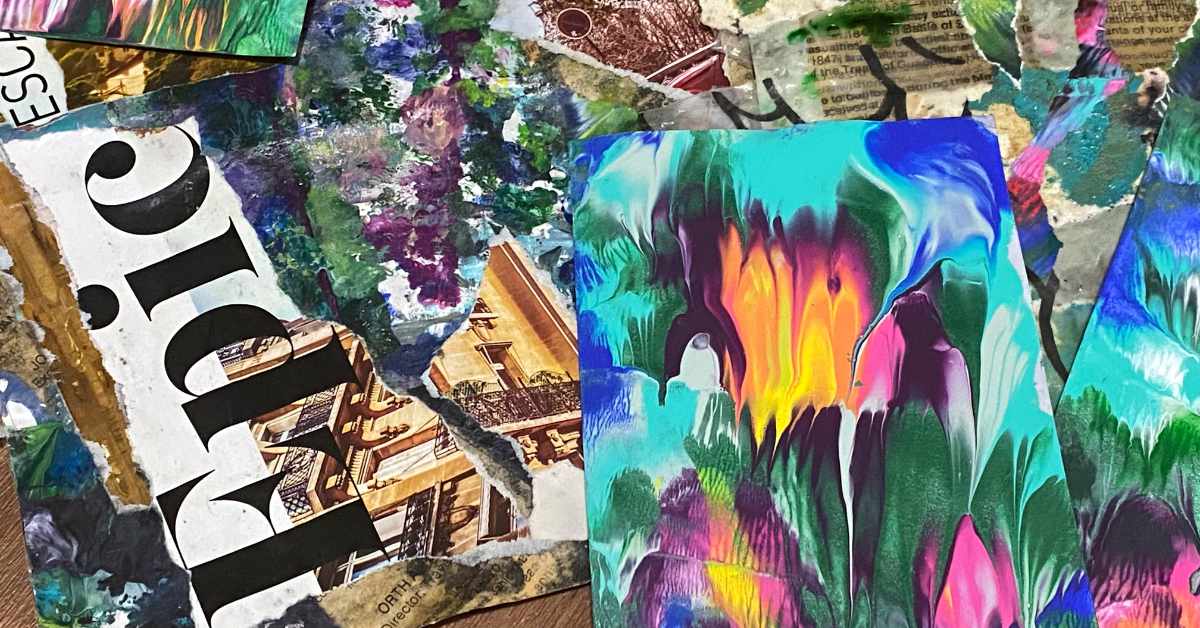A mixed media collage featuring a variety of textures and elements, including torn magazine pages, abstract acrylic paint, and photographic images. Prominent in the center is a vibrant painting with blended colors such as turquoise, purple, yellow, orange, and white, resembling melted or swirled paint. Surrounding it are fragments of text, including a large black serif word “Epic” on a white background, architectural photography showing balconies, and layers of paint in greens, blues, purples, and metallic hues. The composition is chaotic and colorful, emphasizing creativity and visual contrast.
