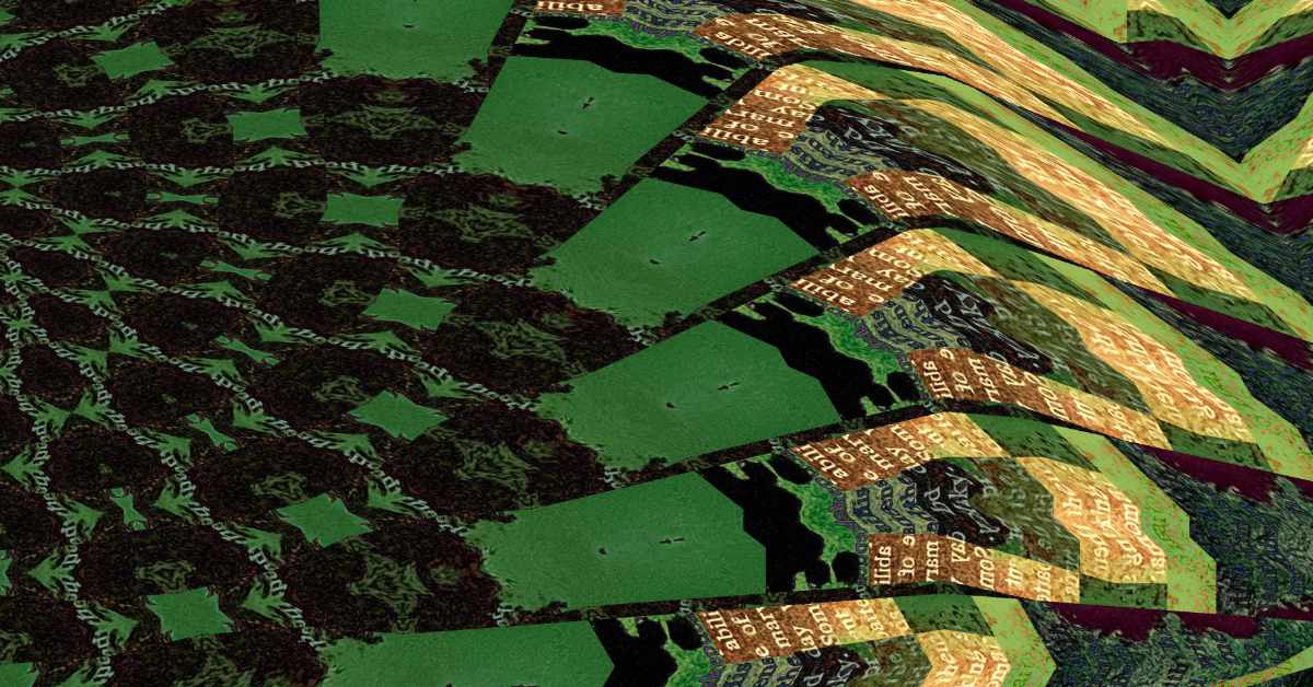 The image is a digitally manipulated abstract composition featuring a kaleidoscopic, geometric distortion effect. It includes: A dominant green color palette with black, dark red, beige, and yellow tones. Repeating triangular and diamond-like shapes that radiate in a fan pattern from the lower left to the upper right. Text fragments—such as “about,” “spine,” and others—repeated and warped throughout the image. Layered textures resembling book pages, fabric, or natural surfaces, adding depth and complexity. A visual flow that curves and bends, giving the illusion of movement or spiraling. The overall effect is disorienting and dynamic, with a strong emphasis on repetition, symmetry, and altered typography.