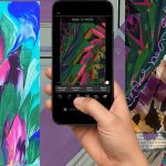 The image shows a collage of three abstract artworks, with a hand holding a smartphone in the center. The left panel features a vivid abstract painting with fluid, blended colors such as turquoise, orange, purple, pink, and green. In the center, a hand is holding a smartphone vertically. The phone screen displays a cropped, stylized version of the abstract art with editing options at the bottom, suggesting it’s being digitally altered or filtered. The right panel shows another abstract composition with similar color themes, overlaid with white line art of stylized leaves and some handwritten script. A snippet of printed text is partially visible at the bottom. The overall aesthetic emphasizes digital art creation and editing, blending organic and graphic elements.