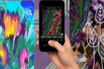 The image shows a collage of three abstract artworks, with a hand holding a smartphone in the center. The left panel features a vivid abstract painting with fluid, blended colors such as turquoise, orange, purple, pink, and green. In the center, a hand is holding a smartphone vertically. The phone screen displays a cropped, stylized version of the abstract art with editing options at the bottom, suggesting it’s being digitally altered or filtered. The right panel shows another abstract composition with similar color themes, overlaid with white line art of stylized leaves and some handwritten script. A snippet of printed text is partially visible at the bottom. The overall aesthetic emphasizes digital art creation and editing, blending organic and graphic elements.