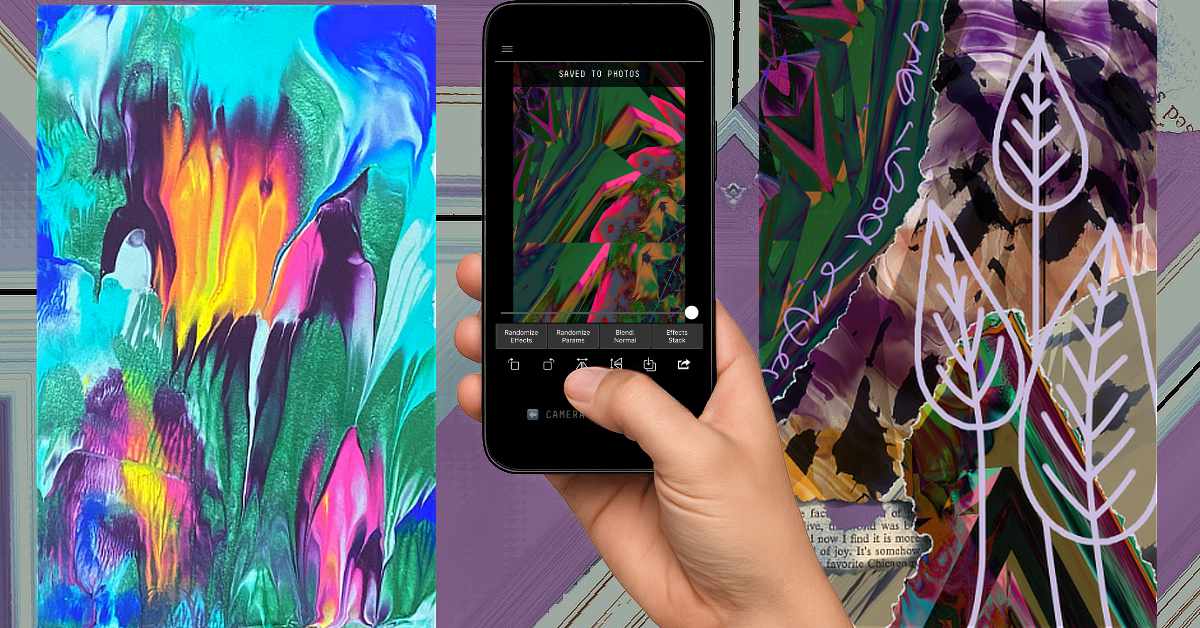 The image shows a collage of three abstract artworks, with a hand holding a smartphone in the center. The left panel features a vivid abstract painting with fluid, blended colors such as turquoise, orange, purple, pink, and green. In the center, a hand is holding a smartphone vertically. The phone screen displays a cropped, stylized version of the abstract art with editing options at the bottom, suggesting it’s being digitally altered or filtered. The right panel shows another abstract composition with similar color themes, overlaid with white line art of stylized leaves and some handwritten script. A snippet of printed text is partially visible at the bottom. The overall aesthetic emphasizes digital art creation and editing, blending organic and graphic elements.