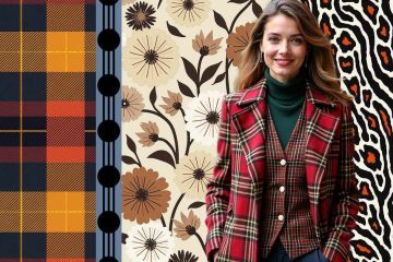 A woman stands in front of a collage-style background featuring four distinct patterns. From left to right, the patterns are: a bold plaid in orange, navy, and red; a vertical stripe with black circles on a blue background; a floral print with beige, brown, and black flowers and leaves; and an abstract animal print with black, white, and orange shapes resembling zebra or leopard markings. The woman wears a red plaid blazer with a matching vest and a green turtleneck sweater underneath. She is smiling and has long, wavy hair.