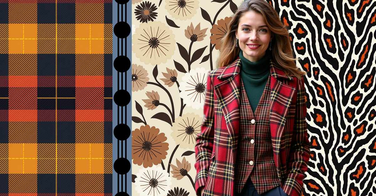A woman stands in front of a collage-style background featuring four distinct patterns. From left to right, the patterns are: a bold plaid in orange, navy, and red; a vertical stripe with black circles on a blue background; a floral print with beige, brown, and black flowers and leaves; and an abstract animal print with black, white, and orange shapes resembling zebra or leopard markings. The woman wears a red plaid blazer with a matching vest and a green turtleneck sweater underneath. She is smiling and has long, wavy hair.