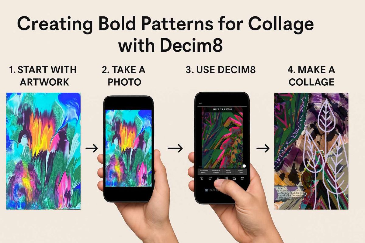 The image is an instructional graphic titled “Creating Bold Patterns for Collage with Decim8.” It outlines a four-step process using visuals and text: START WITH ARTWORK – Shows an abstract painting with vibrant, flowing colors like teal, orange, pink, purple, and green. TAKE A PHOTO – Displays a hand holding a smartphone, capturing an image of the artwork. USE DECIM8 – Shows another smartphone with the Decim8 app interface, applying glitch-style digital effects to the artwork. MAKE A COLLAGE – Displays the final digital collage, incorporating the edited artwork with layered elements, including drawn white leaf shapes and text snippets. The background is a neutral beige, and arrows guide the viewer through each step left to right.