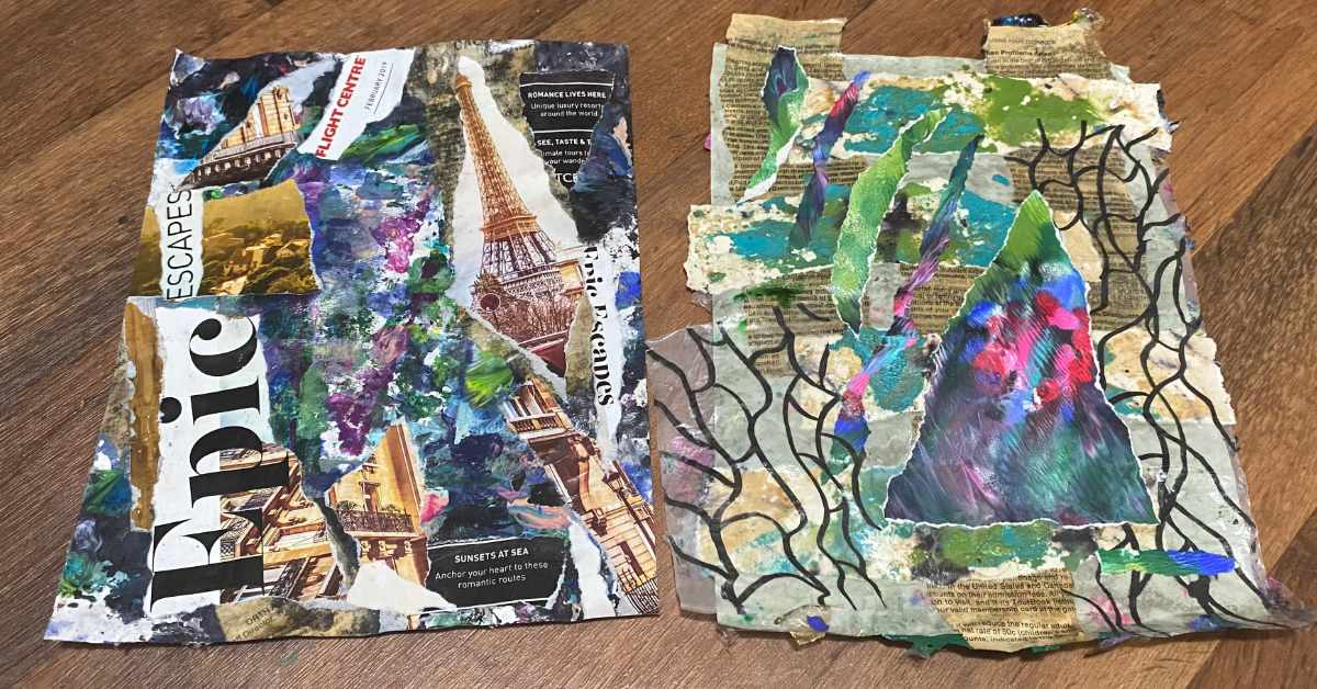 Two mixed media collage artworks are placed side by side on a wooden surface: Left collage: This piece features a blend of torn magazine clippings and painted textures. A large, bold word “Epic” is prominently visible in black serif font. Other elements include multiple images of the Eiffel Tower, European architecture, travel-related words like “ESCAPES,” and areas with thick, multicolored paint. The overall theme suggests travel and adventure with a vibrant, chaotic composition. Right collage: This artwork combines torn paper, painted elements, and hand-drawn patterns. A triangular, abstract painted shape in the center uses bold colors like pink, blue, and purple. The background consists of layered torn book or newspaper pages, green and turquoise paint, and a black organic pattern resembling vines or tendrils. The edges are irregular, adding to the raw, textured look of the piece.