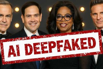 A group portrait of four formally dressed individuals standing side by side, all smiling and wearing suits or formal attire. Overlaid prominently across the center of the image is a large red and white stamped label that reads “AI DEEPFAKED,” indicating that the faces or entire image may have been digitally manipulated using artificial intelligence. The background is dark with several round lights visible, giving a studio-like appearance. Note: Due to the “AI DEEPFAKED” label, the individuals in the image may not be real or may have altered appearances, so no assumptions are made about their identities.