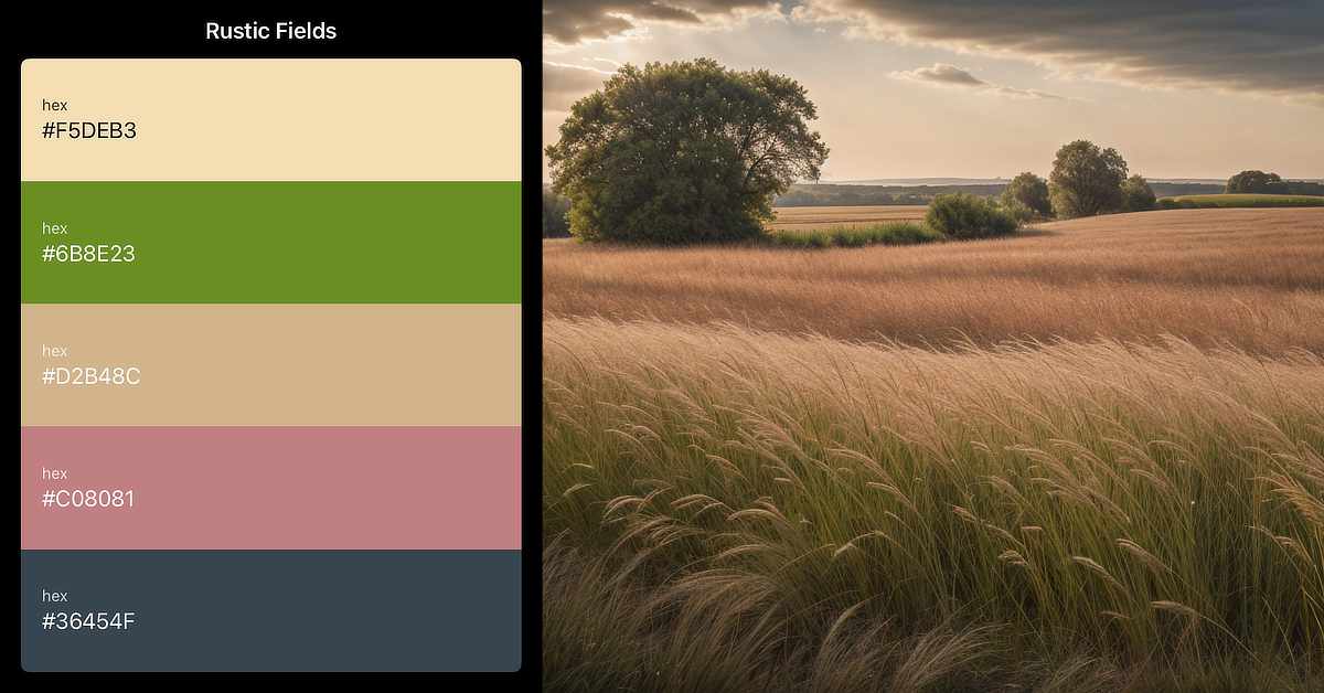 A digital graphic titled "Rustic Fields" displays a five-color palette on the left and a scenic rural landscape on the right. The palette includes vertically stacked swatches labeled with hexadecimal color codes: #F5DEB3 – wheat beige #6B8E23 – olive green #D2B48C – tan #C08081 – muted rose #36454F – dark slate gray On the right, the photo shows a wide field of tall, golden grass gently swaying under a partly cloudy sky. Clusters of large, leafy trees are scattered across the landscape, and distant farmlands stretch toward the horizon. The lighting suggests late afternoon or early evening, giving the scene a warm, earthy tone.