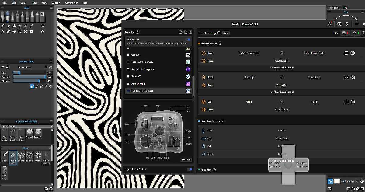 The image shows a computer screen displaying digital art software with a black-and-white abstract pattern composed of irregular, concentric shapes resembling topographic lines. The software interface includes various toolbars and brush settings on the left side. In the center and right, a configuration window for the TourBox Console (version 5.0.3) is open, showing customizable button mappings for different creative applications like CapCut, Toon Boom Harmony, Avid Media Composer, Rebelle 7, and Affinity Photo. A visual diagram of the TourBox controller is also displayed, labeling button functions and customization options.