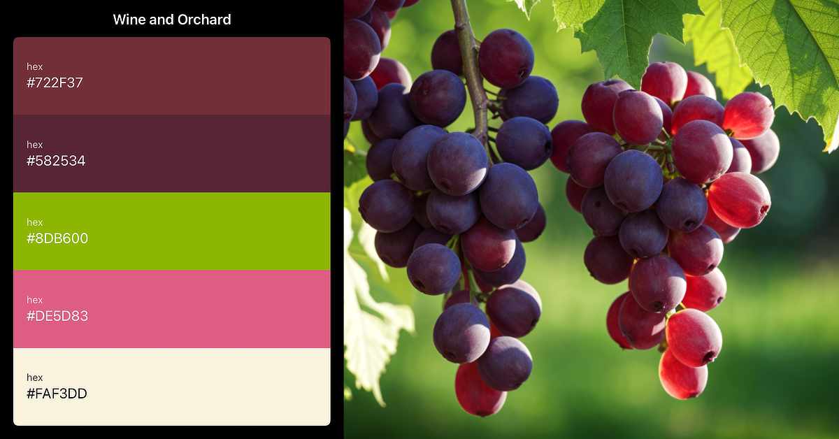 A digital graphic titled "Wine and Orchard" features a five-color palette on the left and a photograph of ripe grapes on the right. The palette consists of vertical color swatches labeled with hexadecimal codes: #722F37 – dark wine red #582534 – deep plum #8DB600 – vibrant yellow-green #DE5D83 – medium raspberry pink #FAF3DD – soft cream The photo on the right shows clusters of red and purple grapes hanging from a vine, with large green leaves above. The grapes are bathed in sunlight, creating rich highlights and shadows against a blurred green orchard background.