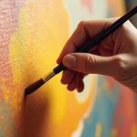 Close-up of a hand holding a paintbrush, applying warm-toned paint—mainly shades of yellow and orange—onto a textured canvas. The painting surface shows blended areas of color, suggesting an abstract or impressionistic style. The lighting highlights the brushstrokes and texture of the canvas.