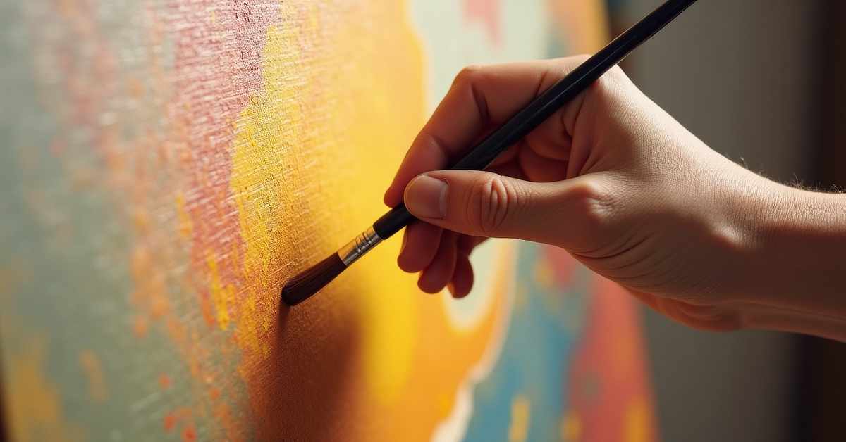 Close-up of a hand holding a paintbrush, applying warm-toned paint—mainly shades of yellow and orange—onto a textured canvas. The painting surface shows blended areas of color, suggesting an abstract or impressionistic style. The lighting highlights the brushstrokes and texture of the canvas.