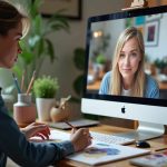 A woman sits at a desk in a well-lit, cozy room, drawing on paper with coloured pencils or markers. In front of her is a large Apple iMac displaying a video with another woman, who appears on the screen looking directly ahead. The desk is organized with art supplies, potted plants, and a keyboard. The background includes a window with natural light, houseplants, and warm ambient lighting from a lamp.
