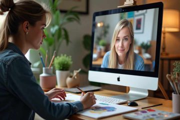 A woman sits at a desk in a well-lit, cozy room, drawing on paper with coloured pencils or markers. In front of her is a large Apple iMac displaying a video with another woman, who appears on the screen looking directly ahead. The desk is organized with art supplies, potted plants, and a keyboard. The background includes a window with natural light, houseplants, and warm ambient lighting from a lamp.