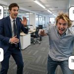 The image is a humorous staged photo set in a modern office. On the left, a man in a suit is speaking energetically with his hands raised, while another man on the right, dressed casually in a light shirt and jeans, is running away with a panicked expression. There are speech bubbles over each man: The man in the suit says: "Can you tell me more about your business?" "Hey, Wait! Where are you going???" The man running away says: "Oh, no! He's asking more questions!" "There's no way I can scam this guy!" The image humorously suggests that asking detailed questions can expose scammers.